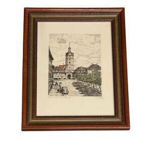 Moody Academia Etching: Historic German Castle Gate Wall Art Richard Adler 1950s